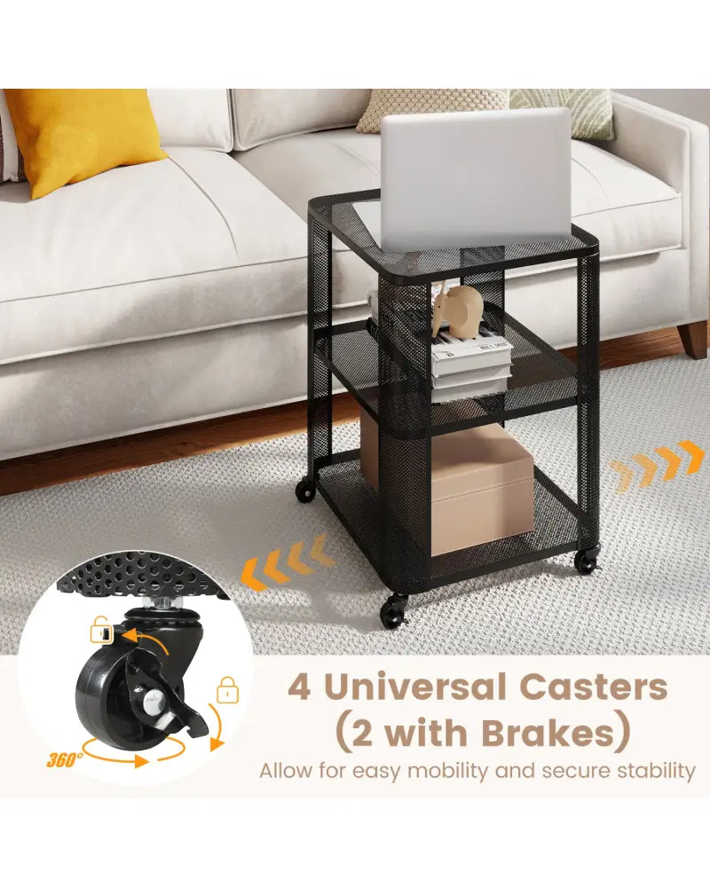3-Tier End Table with Wheels Rolling Side Table with Open Storage Shelves-Set of 2 - End & Side Tables