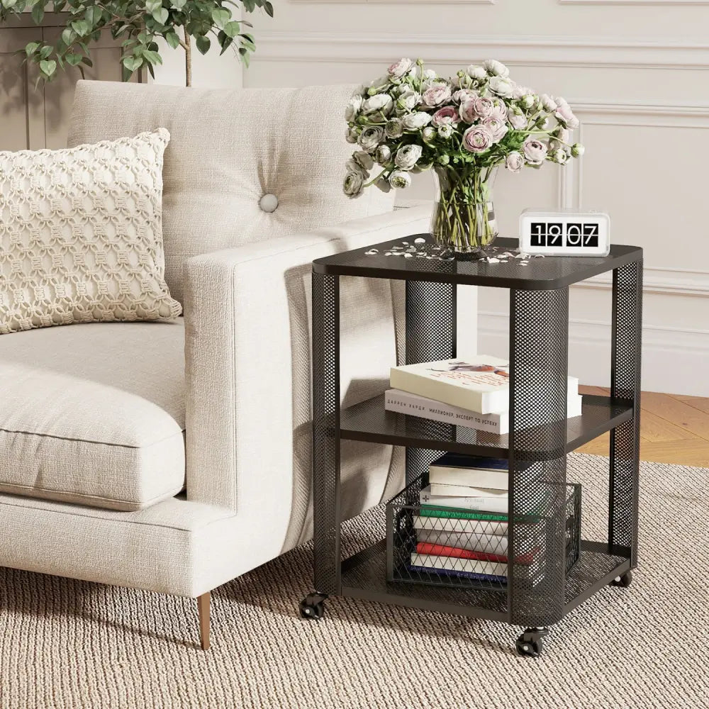 3-Tier End Table with Wheels Rolling Side Table with Open Storage Shelves-Set of 2 - End & Side Tables