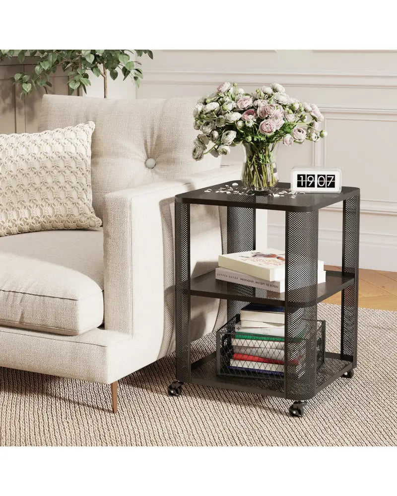 3-Tier End Table with Wheels Rolling Side Table with Open Storage Shelves-Set of 2 - End & Side Tables