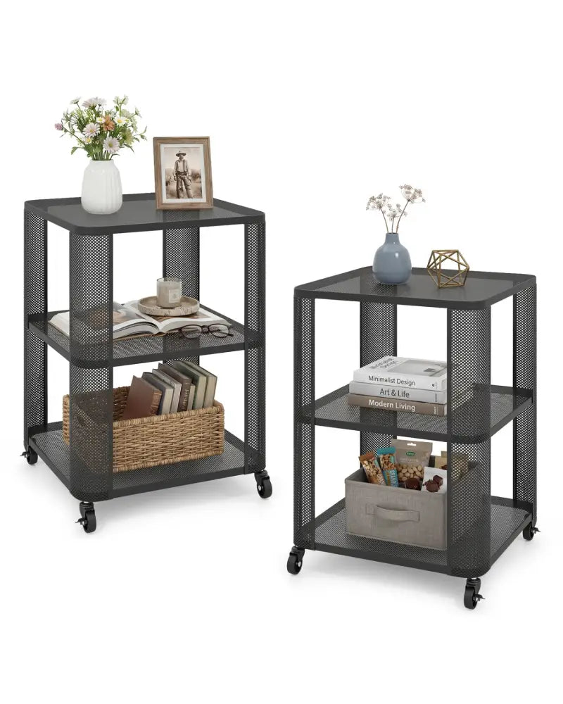 3-Tier End Table with Wheels Rolling Side Table with Open Storage Shelves-Set of 2 - End & Side Tables