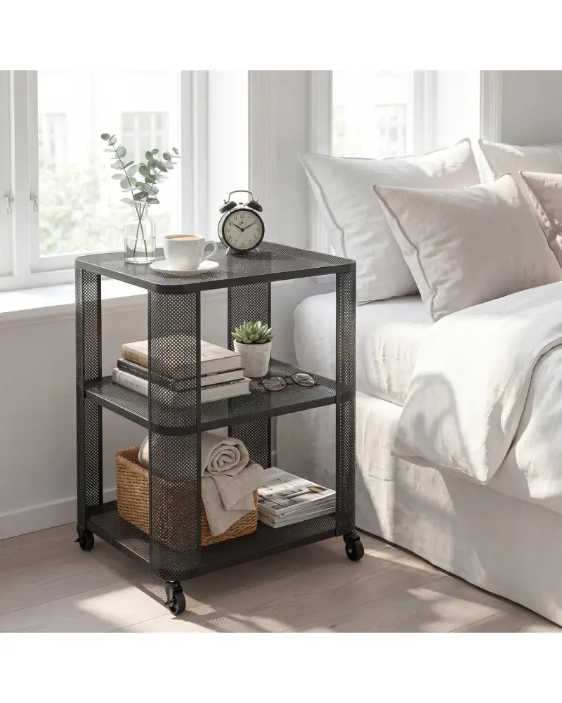 3-Tier End Table with Wheels Rolling Side Table with Open Storage Shelves-Set of 2 - End & Side Tables