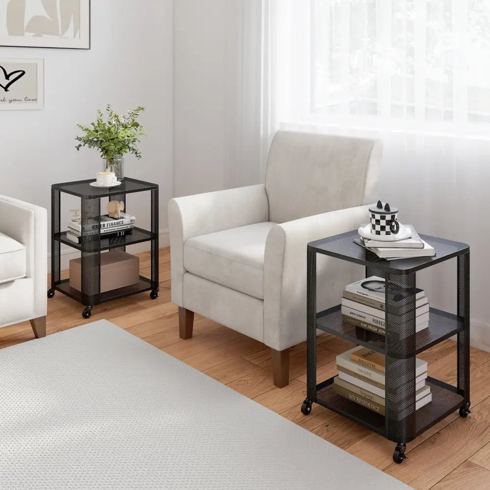 3-Tier End Table with Wheels Rolling Side Table with Open Storage Shelves-Set of 2 - End & Side Tables