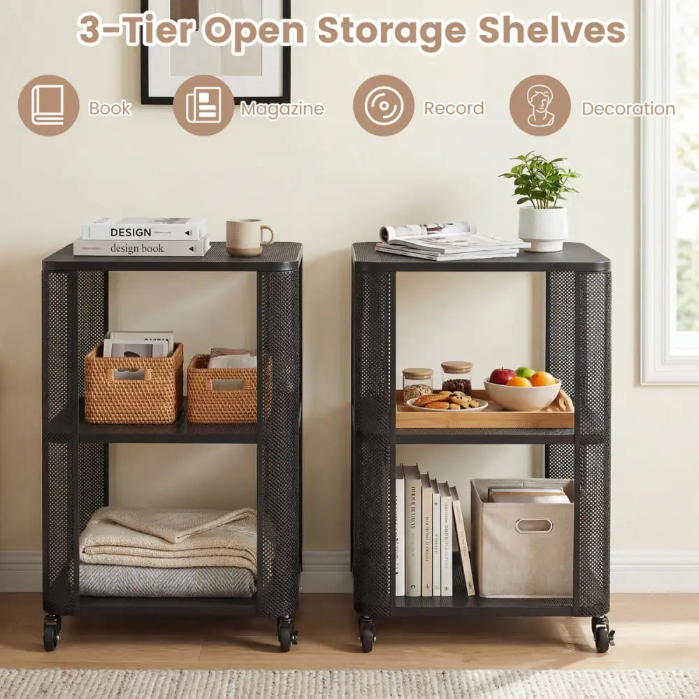 3-Tier End Table with Wheels Rolling Side Table with Open Storage Shelves-Set of 2 - End & Side Tables
