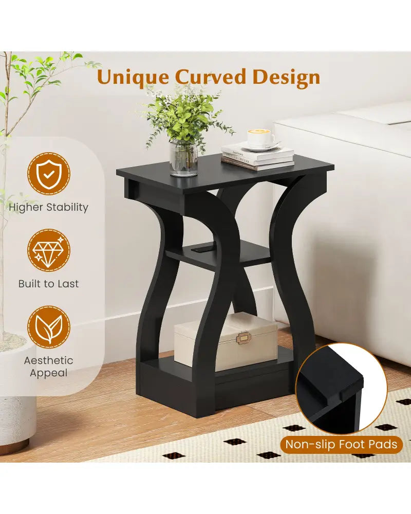 3-Tier End Tables with Charging Station Set of 2 with Open Storage Shelves-Black - Black - End & Side Tables