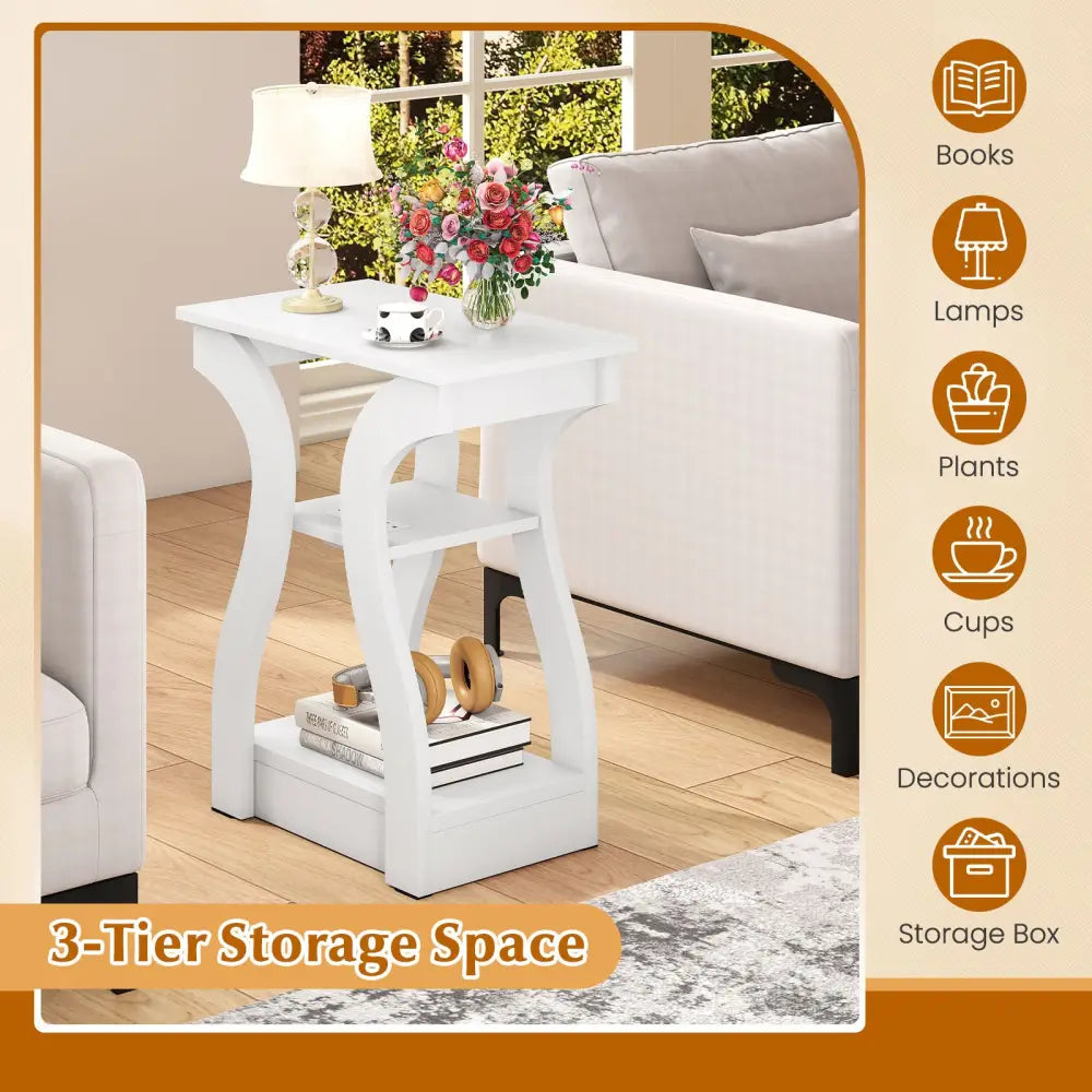 3-Tier End Tables with Charging Station Set of 2 with Open Storage Shelves-White - White - End & Side Tables