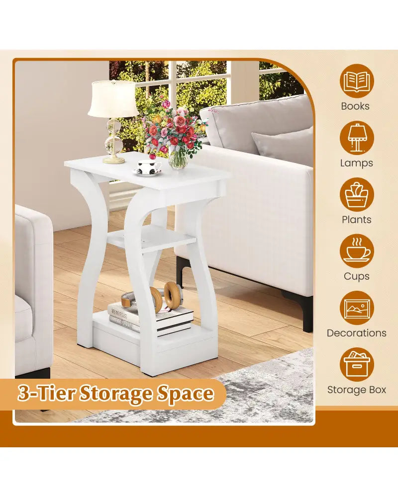 3-Tier End Tables with Charging Station Set of 2 with Open Storage Shelves-White - White - End & Side Tables