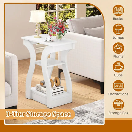 3-Tier End Tables with Charging Station Set of 2 with Open Storage Shelves-White Costway