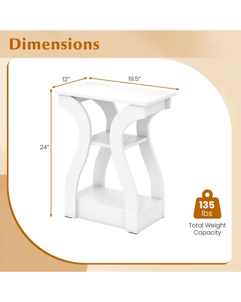 3-Tier End Tables with Charging Station Set of 2 with Open Storage Shelves-White - White - End & Side Tables