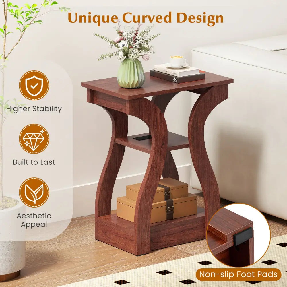3-Tier End Tables with Charging Station Set of 2 with Open Storage Shelves-Cherry - Cherry - End & Side Tables