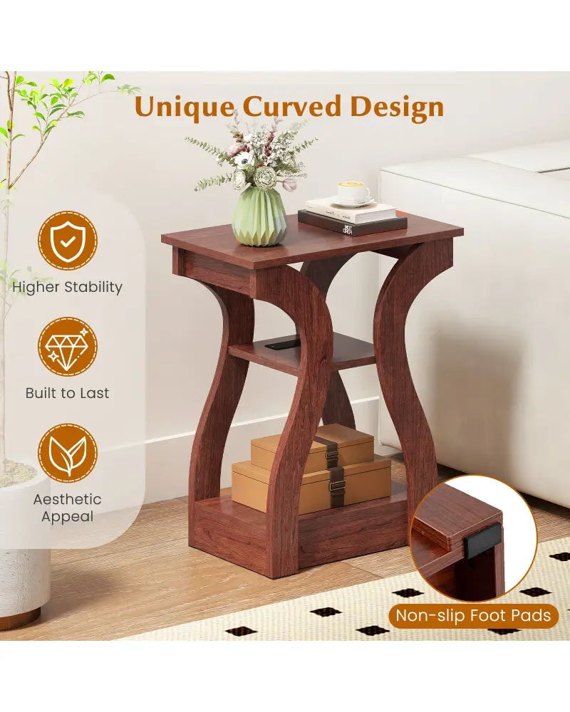 3-Tier End Tables with Charging Station Set of 2 with Open Storage Shelves-Cherry - Cherry - End & Side Tables