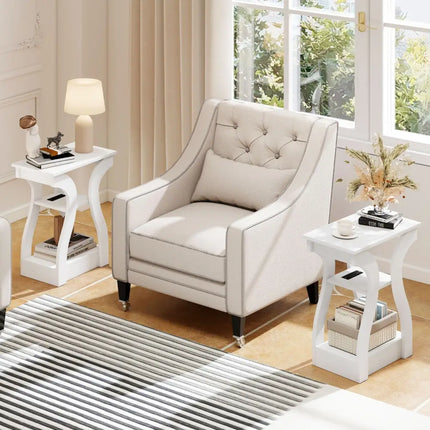 3-Tier End Tables with Charging Station Set of 2 with Open Storage Shelves-White Costway