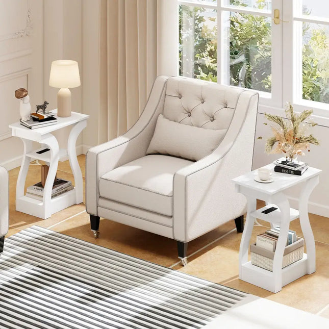 3-Tier End Tables with Charging Station Set of 2 with Open Storage Shelves-White Costway