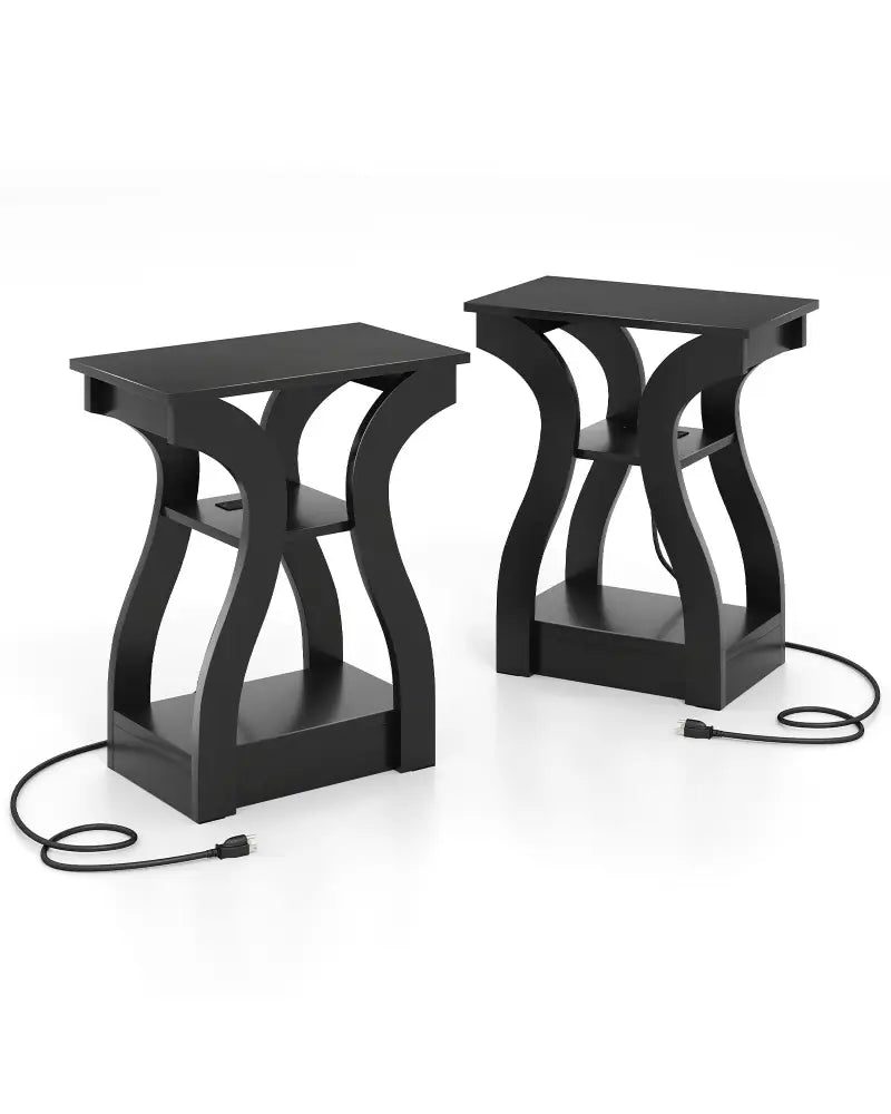 3-Tier End Tables with Charging Station Set of 2 with Open Storage Shelves-Black - Black - End & Side Tables