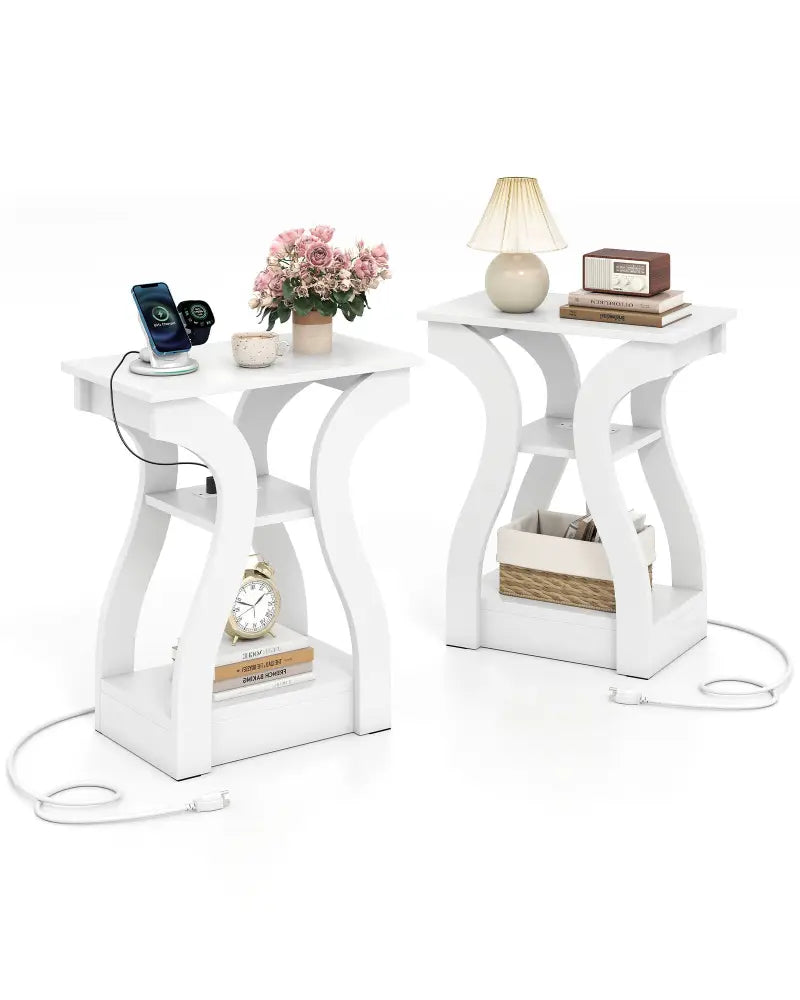 3-Tier End Tables with Charging Station Set of 2 with Open Storage Shelves-White - White - End & Side Tables