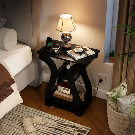 3-Tier End Tables with Charging Station Set of 2 with Open Storage Shelves-Black Costway