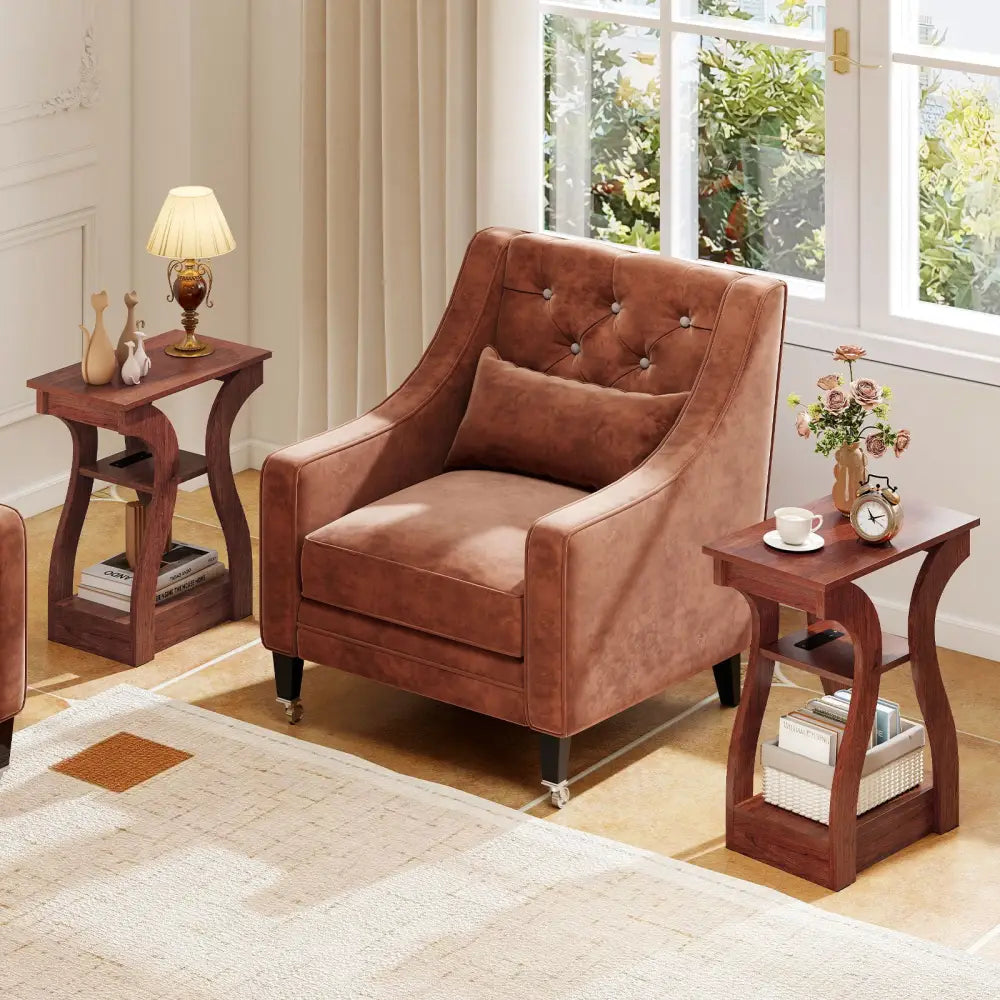 3-Tier End Tables with Charging Station Set of 2 with Open Storage Shelves-Cherry - Cherry - End & Side Tables