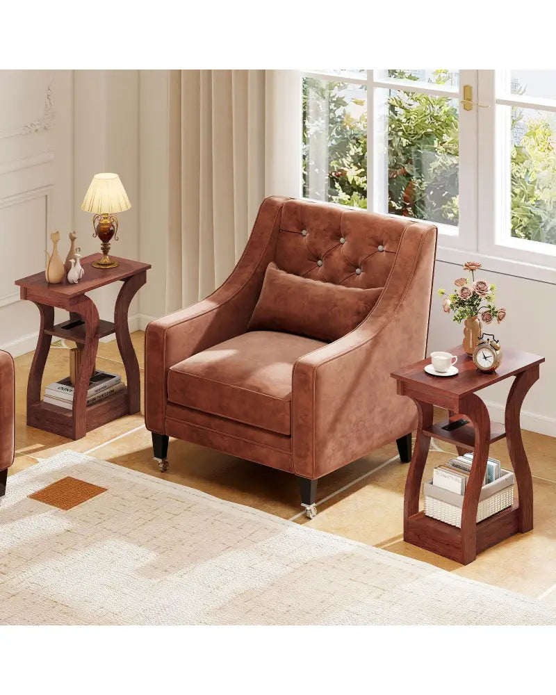 3-Tier End Tables with Charging Station Set of 2 with Open Storage Shelves-Cherry - Cherry - End & Side Tables