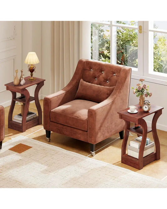 3-Tier End Tables with Charging Station Set of 2 with Open Storage Shelves-Cherry - Cherry - End & Side Tables