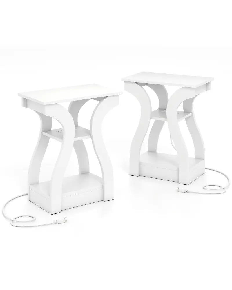 3-Tier End Tables with Charging Station Set of 2 with Open Storage Shelves-White - White - End & Side Tables