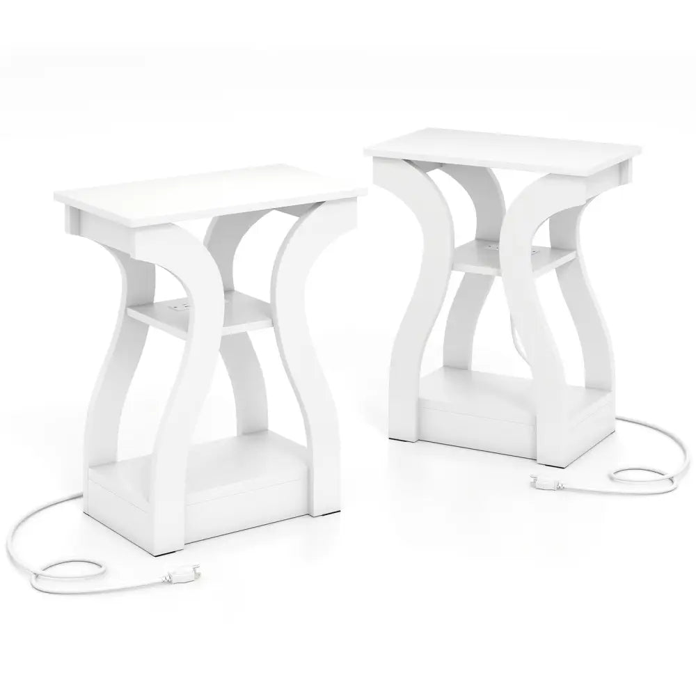 3-Tier End Tables with Charging Station Set of 2 with Open Storage Shelves-White - White - End & Side Tables