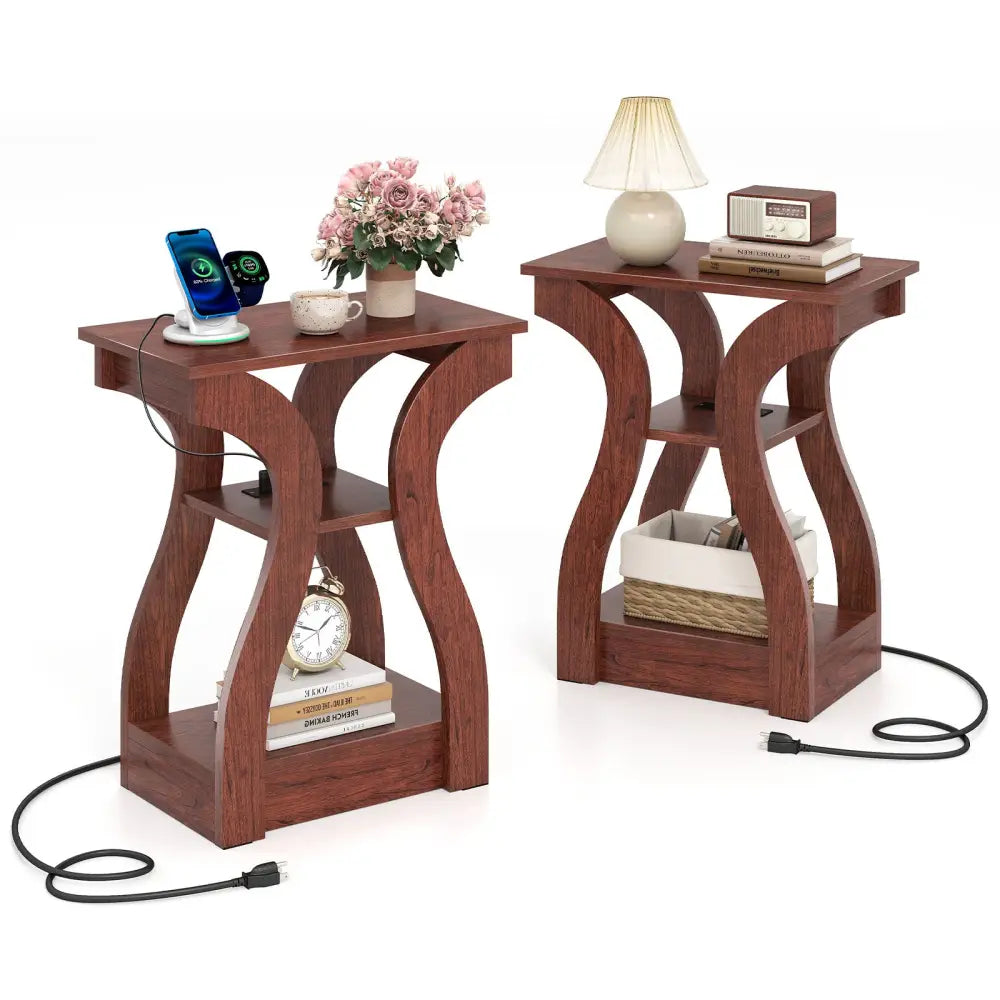 3-Tier End Tables with Charging Station Set of 2 with Open Storage Shelves-Cherry - Cherry - End & Side Tables