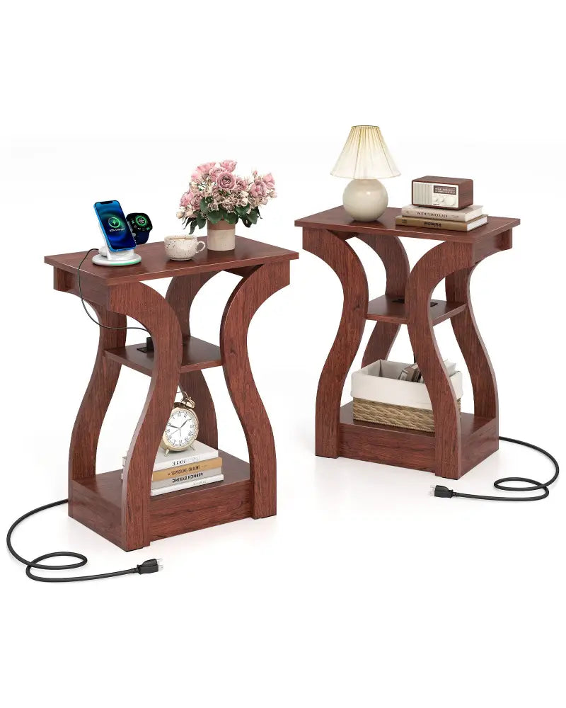 3-Tier End Tables with Charging Station Set of 2 with Open Storage Shelves-Cherry - Cherry - End & Side Tables