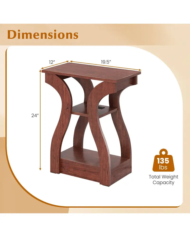 3-Tier End Tables with Charging Station Set of 2 with Open Storage Shelves-Cherry - Cherry - End & Side Tables