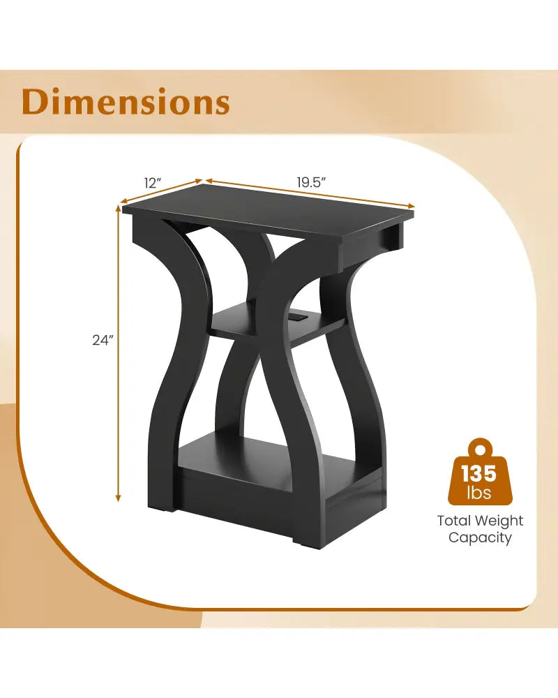 3-Tier End Tables with Charging Station Set of 2 with Open Storage Shelves-Black - Black - End & Side Tables