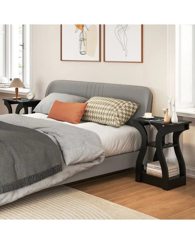 3-Tier End Tables with Charging Station Set of 2 with Open Storage Shelves-Black - Black - End & Side Tables