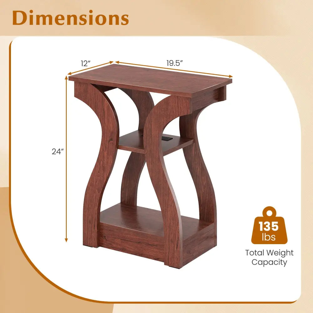 3-Tier End Tables with Charging Station Set of 2 with Open Storage Shelves-Cherry - Cherry - End & Side Tables