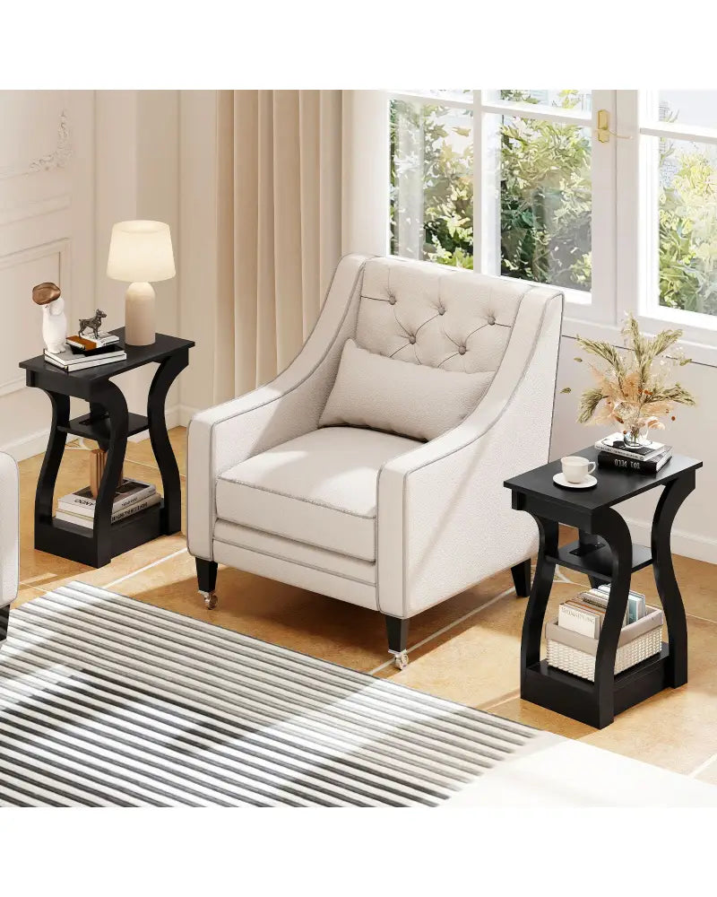 3-Tier End Tables with Charging Station Set of 2 with Open Storage Shelves-Black - Black - End & Side Tables