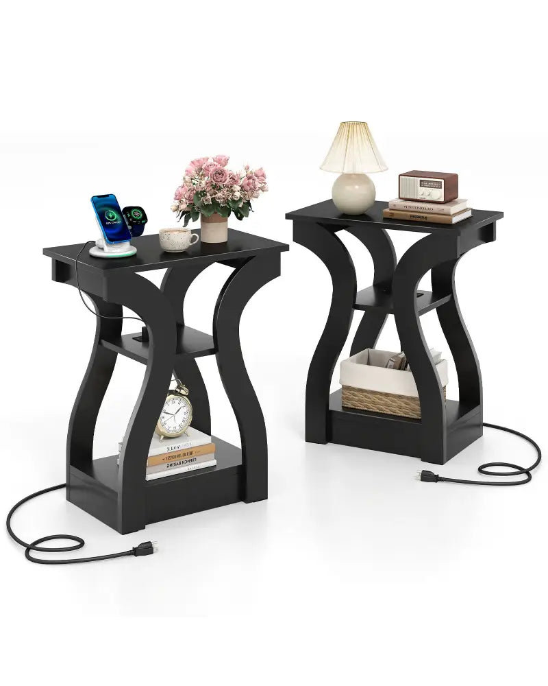 3-Tier End Tables with Charging Station Set of 2 with Open Storage Shelves-Black - Black - End & Side Tables