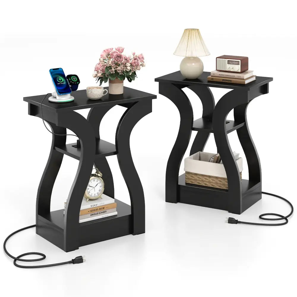 3-Tier End Tables with Charging Station Set of 2 with Open Storage Shelves-Black - Black - End & Side Tables
