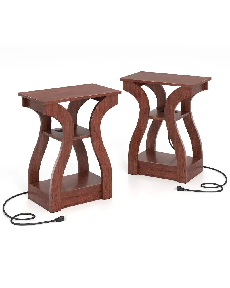 3-Tier End Tables with Charging Station Set of 2 with Open Storage Shelves-Cherry - Cherry - End & Side Tables