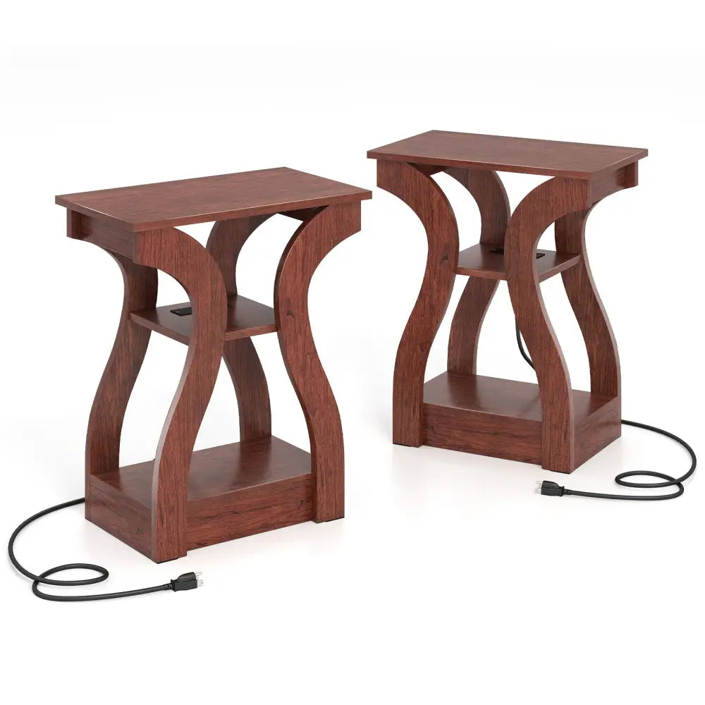 3-Tier End Tables with Charging Station Set of 2 with Open Storage Shelves-Cherry - Cherry - End & Side Tables