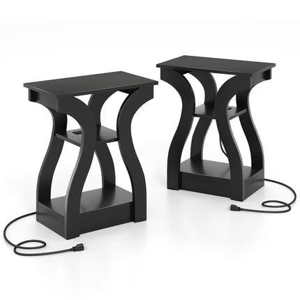 3-Tier End Tables with Charging Station Set of 2 with Open Storage Shelves-Black Costway