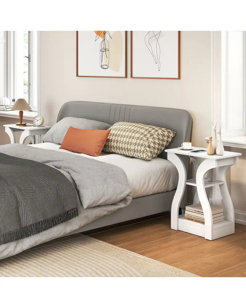 3-Tier End Tables with Charging Station Set of 2 with Open Storage Shelves-White - White - End & Side Tables