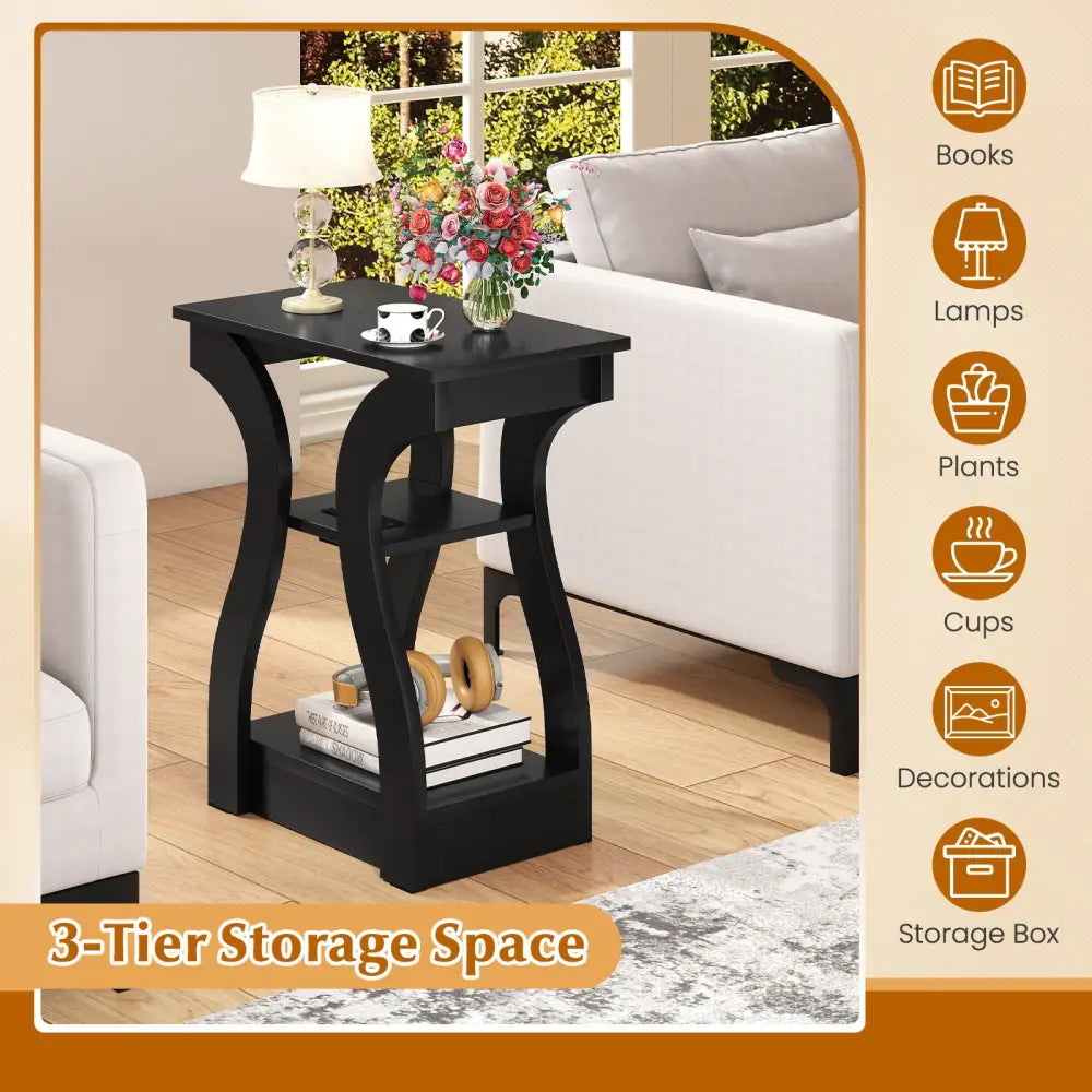 3-Tier End Tables with Charging Station Set of 2 with Open Storage Shelves-Black - Black - End & Side Tables