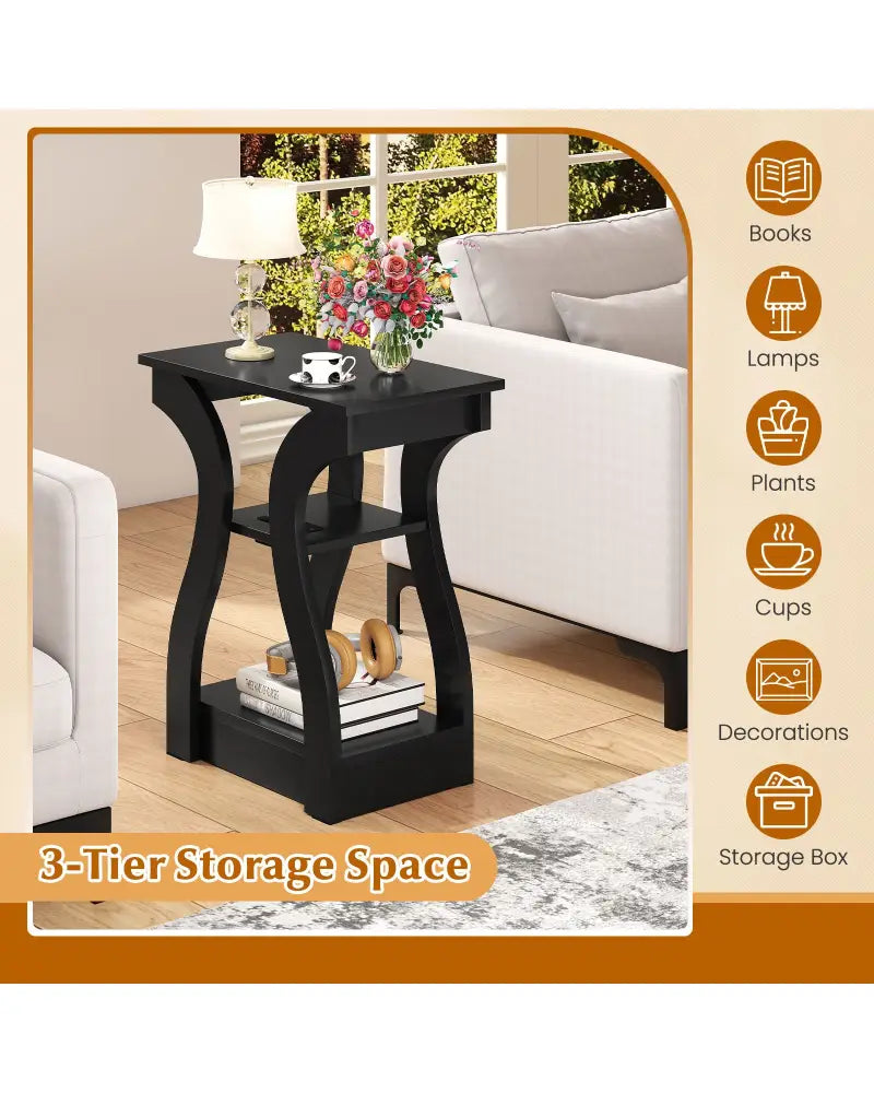 3-Tier End Tables with Charging Station Set of 2 with Open Storage Shelves-Black - Black - End & Side Tables