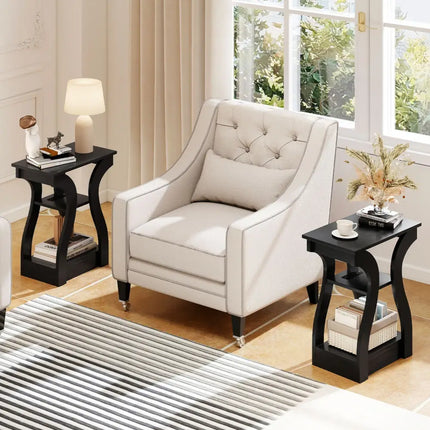 3-Tier End Tables with Charging Station Set of 2 with Open Storage Shelves-Black Costway