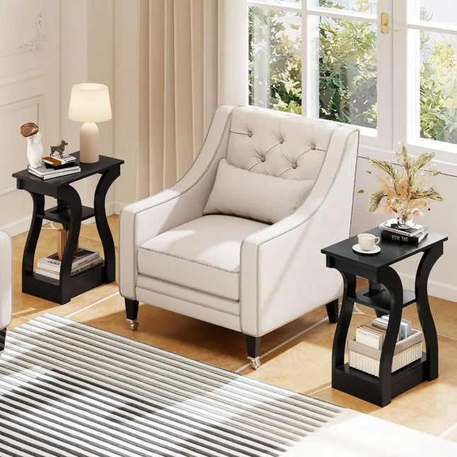 3-Tier End Tables with Charging Station Set of 2 with Open Storage Shelves-Black Costway