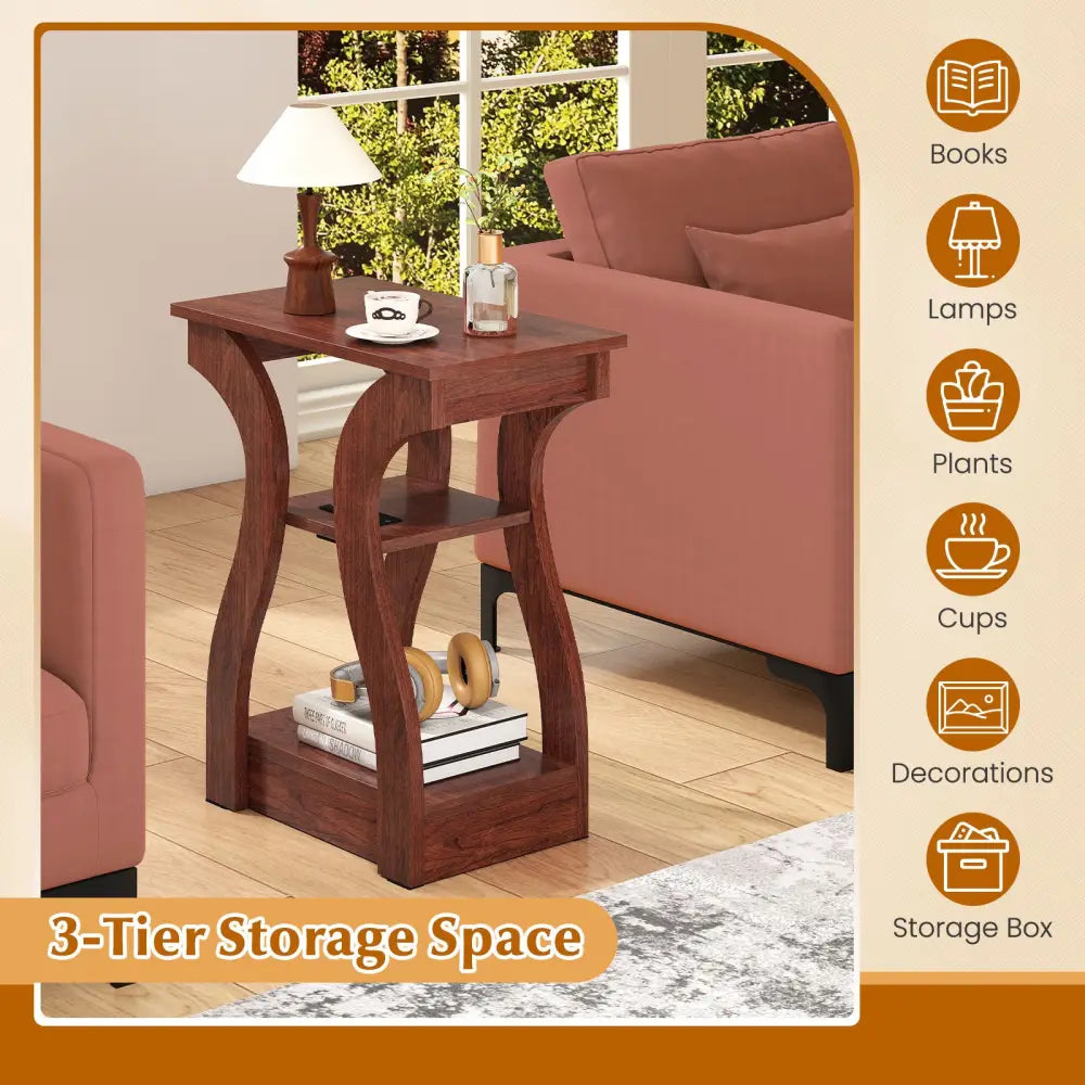 3-Tier End Tables with Charging Station Set of 2 with Open Storage Shelves-Cherry - Cherry - End & Side Tables