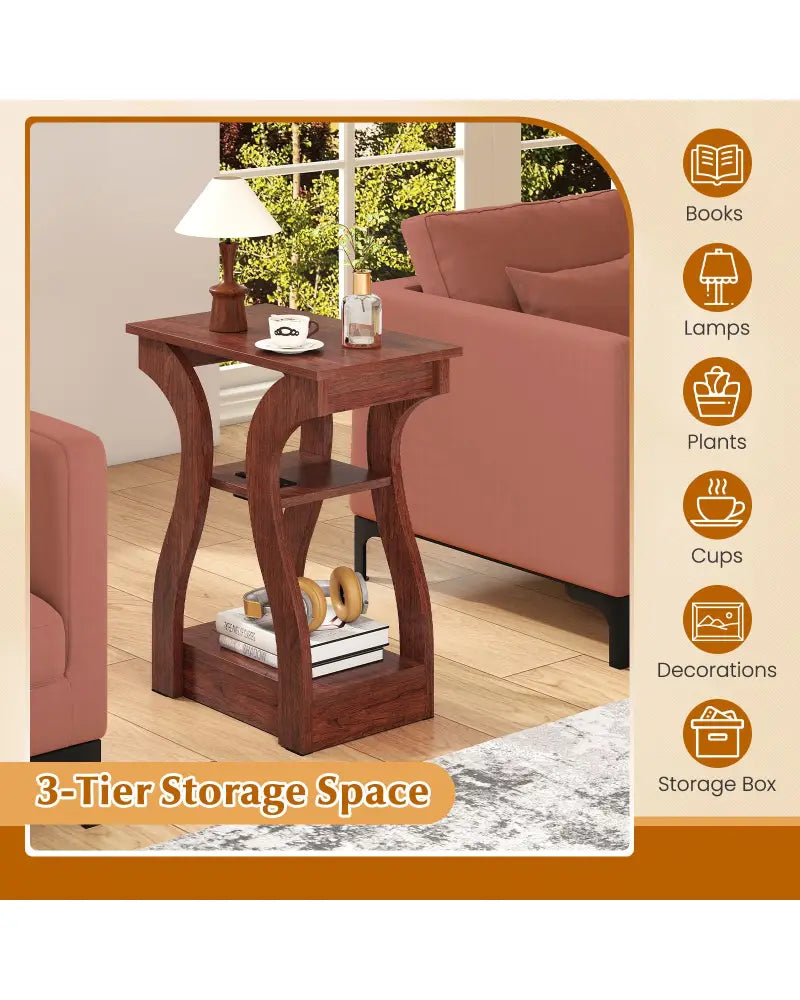 3-Tier End Tables with Charging Station Set of 2 with Open Storage Shelves-Cherry - Cherry - End & Side Tables