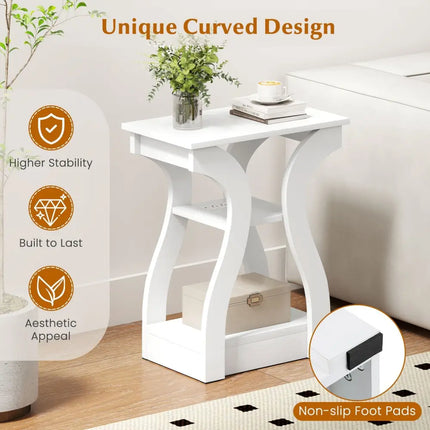 3-Tier End Tables with Charging Station Set of 2 with Open Storage Shelves-White Costway