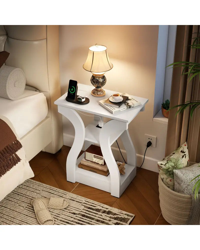 3-Tier End Tables with Charging Station Set of 2 with Open Storage Shelves-White - White - End & Side Tables