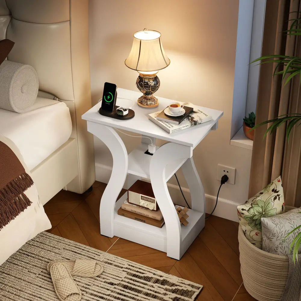 3-Tier End Tables with Charging Station Set of 2 with Open Storage Shelves-White - White - End & Side Tables