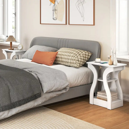 3-Tier End Tables with Charging Station Set of 2 with Open Storage Shelves-White Costway