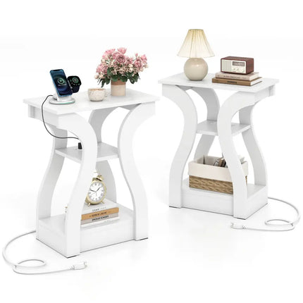 3-Tier End Tables with Charging Station Set of 2 with Open Storage Shelves-White Costway
