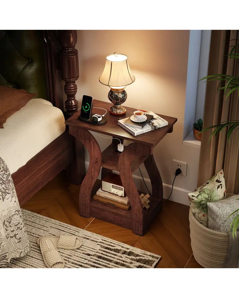 3-Tier End Tables with Charging Station Set of 2 with Open Storage Shelves-Cherry - Cherry - End & Side Tables