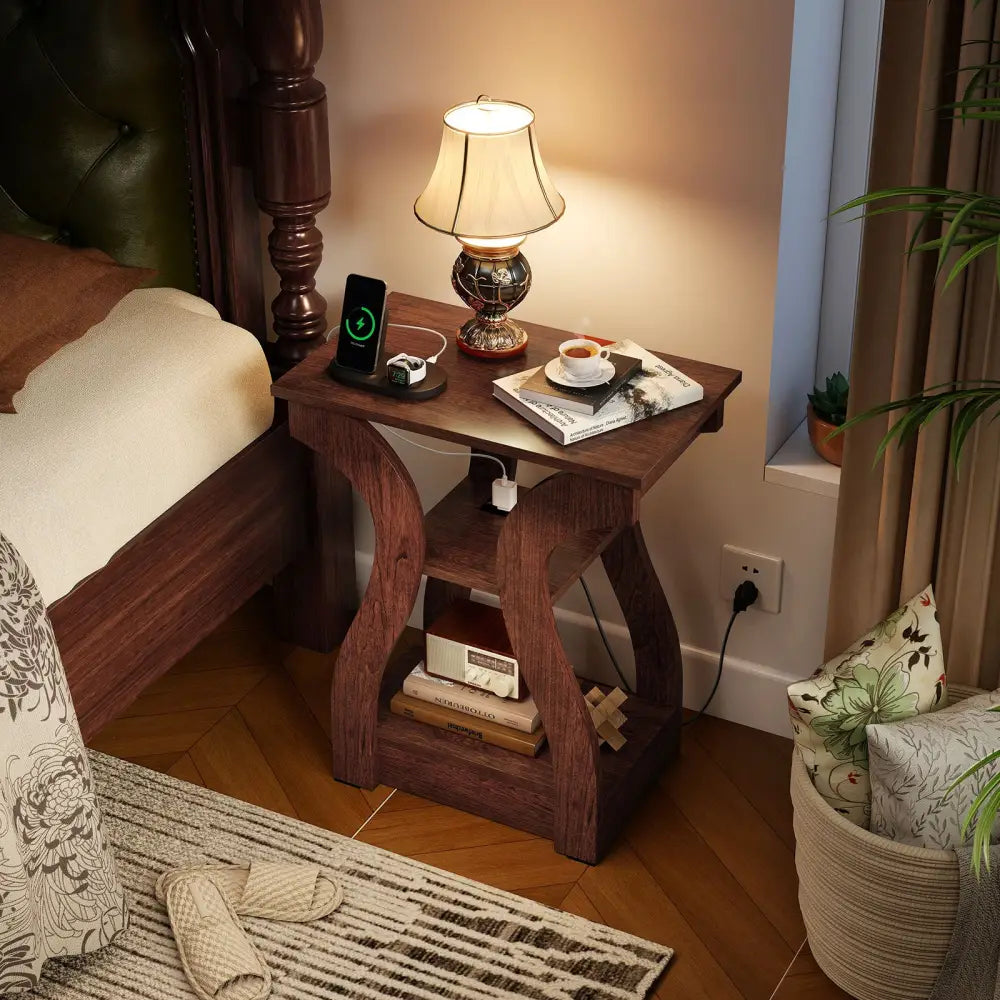 3-Tier End Tables with Charging Station Set of 2 with Open Storage Shelves-Cherry - Cherry - End & Side Tables